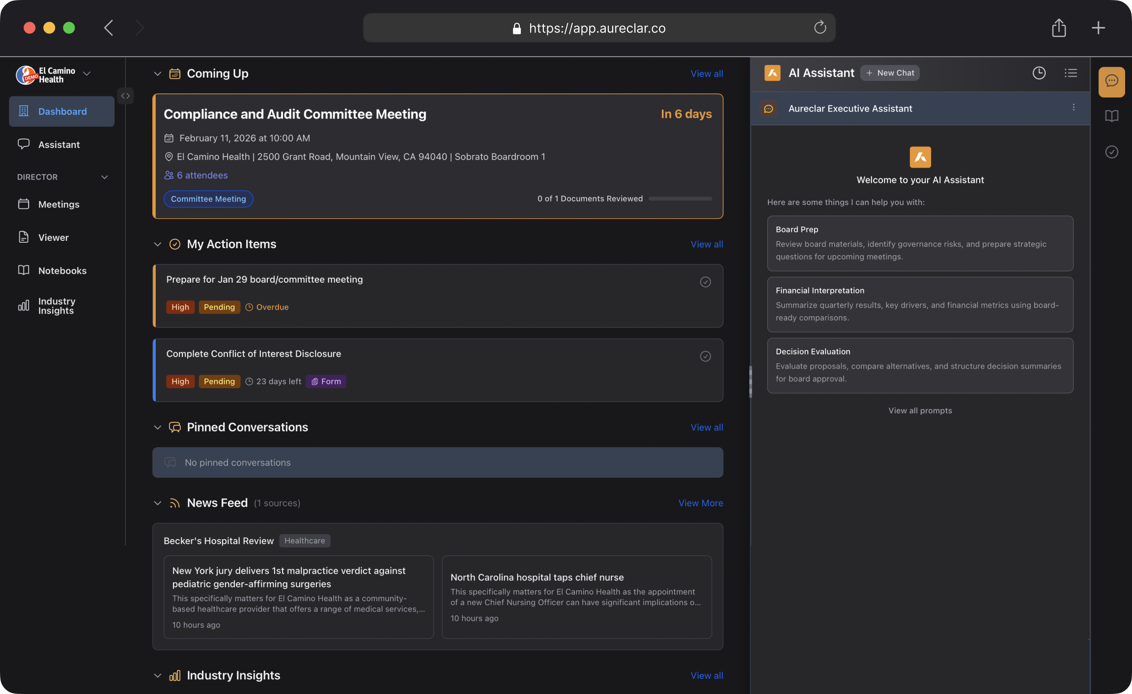 Aureclar board governance platform dashboard